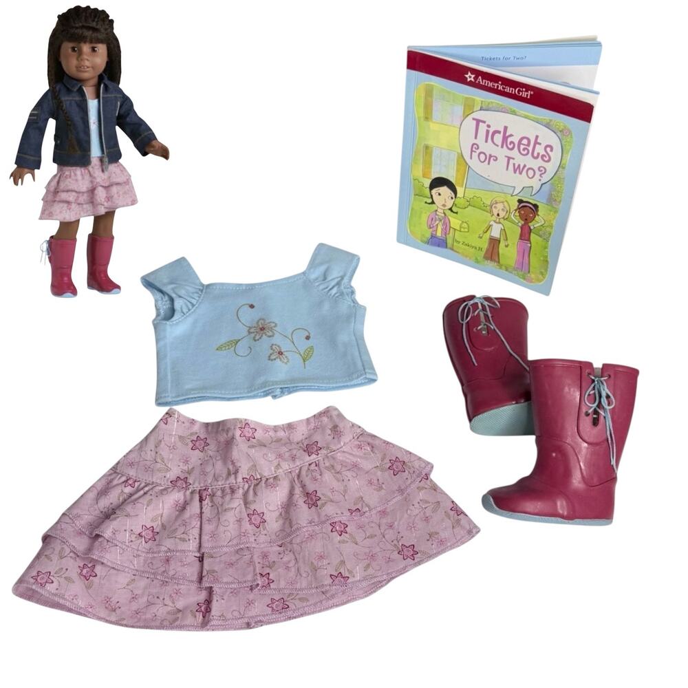 American Girl Pretty Print Outfit Floral Doll Top Tiered Skirt Rubber Boots Book